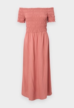 Plecu brīvs kleita maigā rozā krāsā. Ar smalku iešūtu krūšu daļu un plūstošu audumu, kas nokarājas līdz vidus tecei. Teksturēta virsma ar gludu apdari.