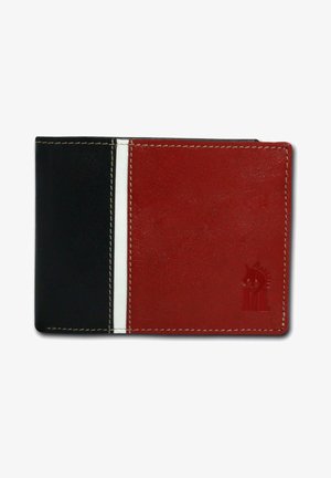 Portefeuille en cuir avec un côté noir et un côté rouge, ornés de surpiqûres blanches et d'un logo de chevalier embossé sur la partie rouge.