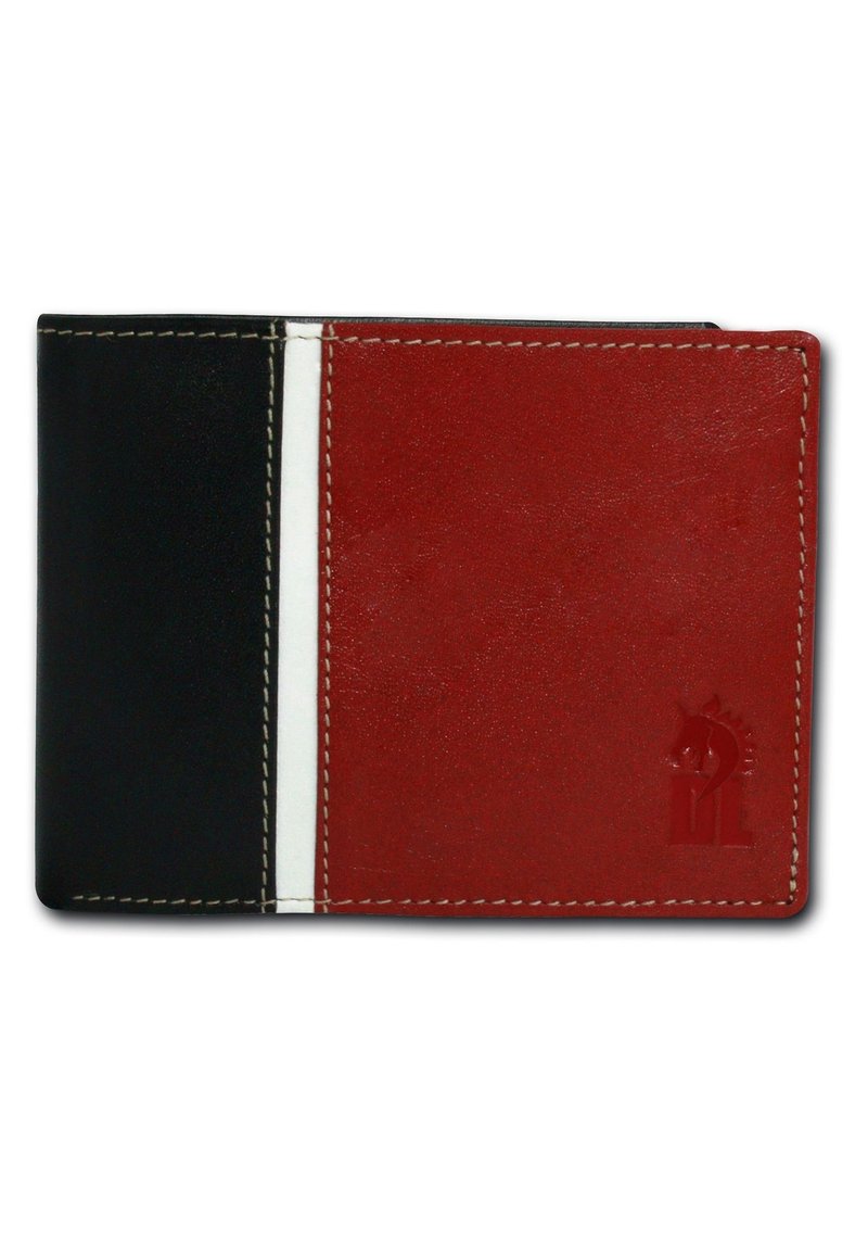 Leather wallet featuring a black side and a red side, with white stitching and embossed knight logo detail on the red section.