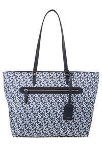 Plátěná taška s modro-bílým geometrickým vzorem, vybavená přední kapsou na zip, koženými uchy a značkovou visačkou. Materiál ze tkaniny.