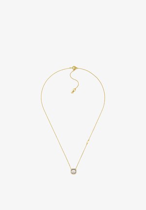 Collar de cadena de oro con un colgante cuadrado que presenta una piedra central rodeada por un halo decorativo de piedras más pequeñas.