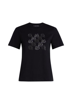 Black cotton t-shirt featuring a graphic design of multiple cats, embellished with small crystals. Short sleeves and a classic crew neckline.