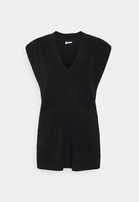 Svart stickad ärmlös topp med V-halsringning, korta ärmar och två framfickor. Tyget har en mjuk textur och en avslappnad passform.