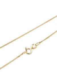Guldkæde med en rund lås. Har et fint, sammenkædet design og indgraverede mærker på låsen. Glat tekstur.