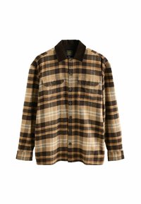 Brown and tan plaid flannel shirt with a dark collar, two chest pockets, button front, and a textured fabric.