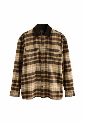 Brown and tan plaid flannel shirt with a dark collar, two chest pockets, button front, and a textured fabric.