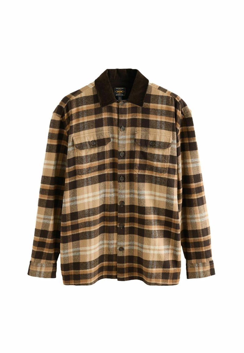 Brown and tan plaid flannel shirt with a dark collar, two chest pockets, button front, and a textured fabric.
