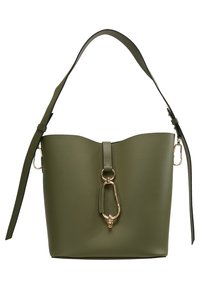 Olivově zelená kožená kabela ve tvaru kbelíku s širokým nastavitelným ramenním popruhem a zlatým kovovým zapínáním uprostřed přední strany.