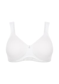 Bralette bianco senza cuciture con forma triangolare, spalline regolabili e chiusura frontale a gancio. Realizzato in tessuto morbido con una texture liscia.