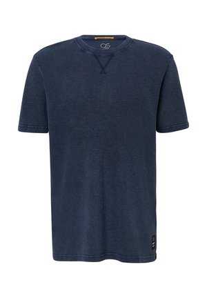 Navyblauwe T-shirt met korte mouwen en ronde hals, van gestructureerde stof, en een klein logolabel aan de onderzijde links.
