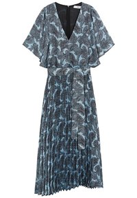 Mekko syvällä V-aukolla, levenevillä hihoilla ja poimutetulla hameella. Sisältää sinisen paisley-kuvion mustalla taustalla. Varustettu sidottavalla vyötäröllä.