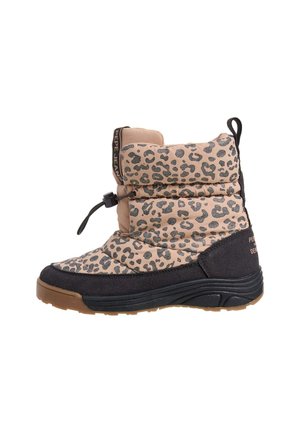 Gepolsterter Winterstiefel für Kinder mit beigem und schwarzem Leopardenmuster, schwarzer Sohle und verstellbarem Kordelzug an der Seite.