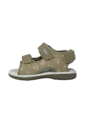 Sandali per bambini in tessuto beige con motivi di ancore bianche, dotati di due cinturini regolabili in Velcro e una suola in gomma testurizzata.