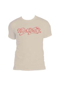 Beige cotton t-shirt featuring a red, stylized "AEROSMITH" logo at the front, with short sleeves and a crew neck design.