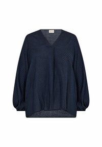 Marineblaue Bluse mit V-Ausschnitt, langen Puffärmeln und strukturiertem Muster. Der untere Saum ist leicht abgerundet für eine lockere Passform.