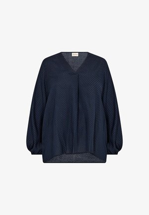 Bluză bleumarin cu decolteu în V, mâneci lungi tip puff și un model texturat. Marginea de jos este ușor rotunjită pentru o potrivire lejeră.