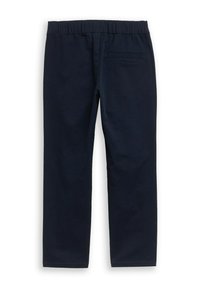 Marineblauwe broek gemaakt van een gladde stof, met een elastische tailleband en een achterzak; rechte pijpen met minimalistische details.