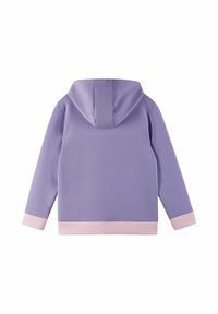 Felpa con cappuccio in lilla con polsini e orlo rosa. Tessuto morbido, design minimalista, senza loghi o motivi visibili. Vista posteriore mostrata.
