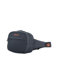 Marsupio in tessuto nero di forma rettangolare, con due scomparti con zip e una tracolla regolabile. Logo "Discovery" in arancione.