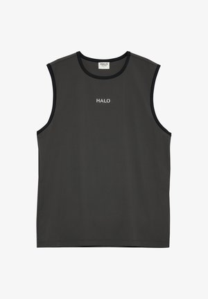 Schwarzes ärmelloses Tanktop mit kontrastierendem Besatz und weißem „HALO“-Logo mittig auf der Brust.