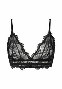 Musta pitsinen bralette, jossa on aaltoileva reuna, kolmion muotoiset kupit, ohuet säädettävät hihnat ja leveä pitsinen vyötärö. Yksityiskohtainen kukkakuvio koko pinnalla.