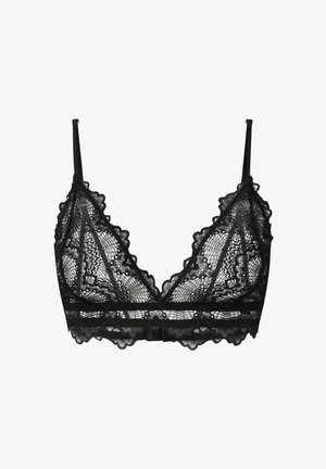 Schwarzer Spitzen-Bralette mit gewelltem Rand, dreieckigen Cups, dünnen verstellbaren Trägern und einem breiten Spitzenband. Detailliertes florales Spitzenmuster über die gesamte Fläche.