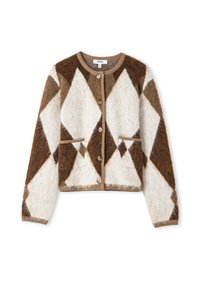 Brauner und cremefarbener gemusterter Cardigan aus weicher Wolle mit einem Rautendesign, ausgestattet mit einer Knopfleiste und zwei Fronttaschen.