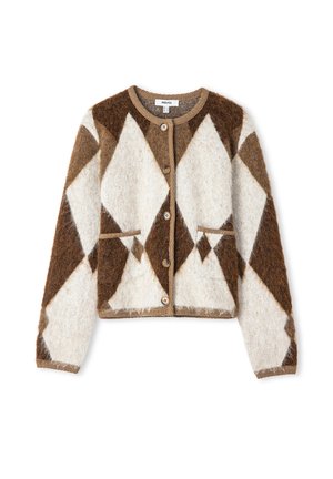 Bruine en crèmekleurige cardigan met een patroon van zachte wol en een diamanten ontwerp, met een knopenvoorzijde en twee voorzakken.