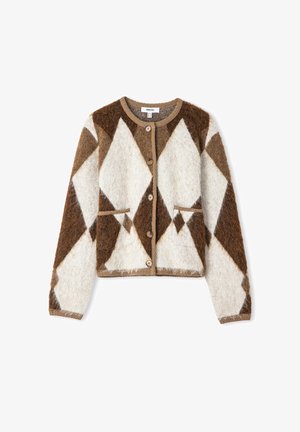 Bruine en crèmekleurige cardigan met een patroon van zachte wol en een diamanten ontwerp, met een knopenvoorzijde en twee voorzakken.