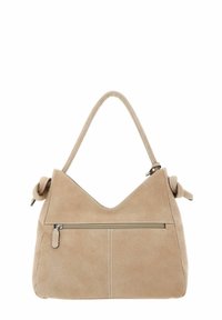 Sac à main en cuir beige à texture douce, sommet en forme de V, une seule bandoulière et une poche arrière zippée.