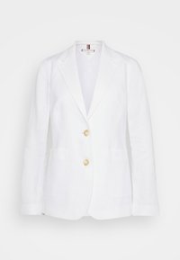 Blazer de lino blanco con un diseño ajustado, solapas de muesca y dos grandes botones dorados. Presenta dos bolsillos delanteros para mayor utilidad.