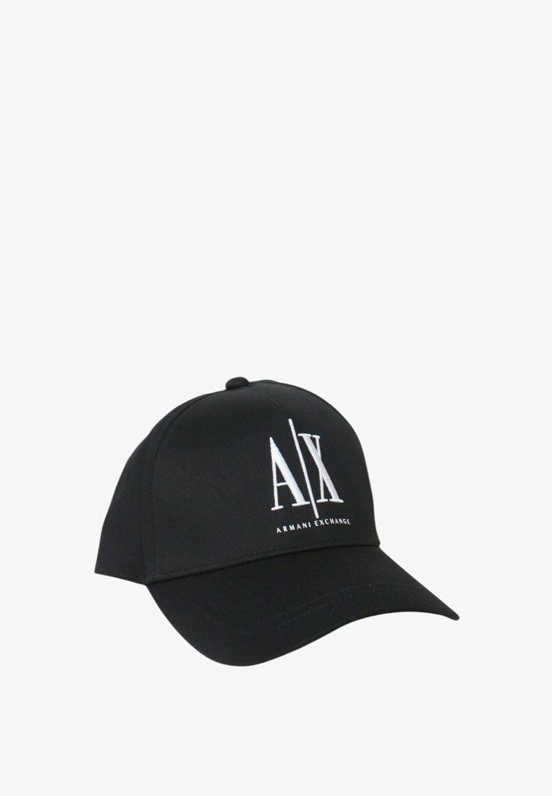 Cappellino da baseball nero in tessuto con visiera curve. Presenta il logo bianco di Armani Exchange sulla parte anteriore. Design strutturato, senza motivi.