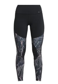 Leggings neri a vita alta con motivi grigio e rosa simili a piume sui polpacci e un piccolo logo Nike in vita.