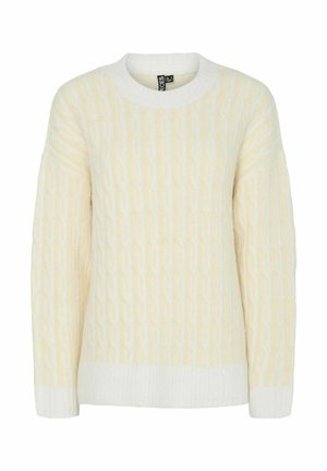 Kreemivärviline kampsun tekstureeritud palmiku kudumisega, millel on ümmargune kaelus ning soonikulised varrukaotsad ja ääris. Pehme ja hubane välimus.