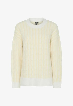 Pull couleur crème avec un design en maille torsadée texturée, doté d'un col rond et de poignets et ourlet côtelés. Apparence douce et confortable.