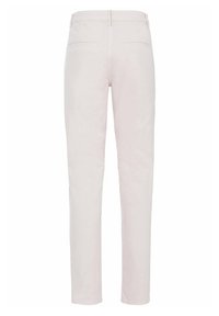 Pantalon rose clair à jambes droites, confectionné en coton doux. Comprend deux poches arrière et une finition soignée.