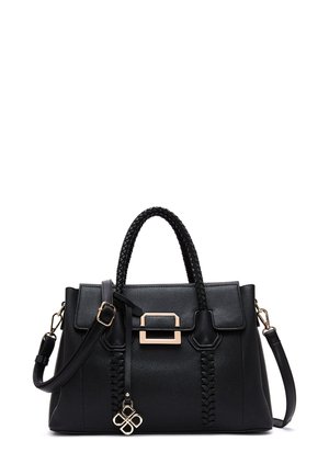 Borsa a tracolla in pelle nera con forma strutturata, manici intrecciati, dettagli in metallo dorato e un charm decorativo. Inclusa una tracolla regolabile.