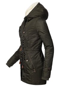Olive green parka jacket featuring a fur-lined hood, zipper and snap button closures, cinched waist, and textured shoulder accents.