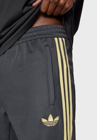 Hallid sportpüksid kollase kolme triibuga, elastse vöökohaga, küljetaskuga ja brändilogoga tasku lähedal.