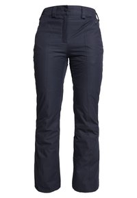 Marineblå vandtætte bukser med lige ben-design, lynlås- og knaplukning samt en sidelomme. Har slidstærkt stof og glat tekstur.