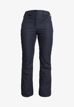 Marineblaue wasserdichte Hosen mit geradem Beindesign, Reißverschluss- und Knopfverschluss sowie einer Seitentasche. Aus strapazierfähigem Stoff mit glatter Textur.