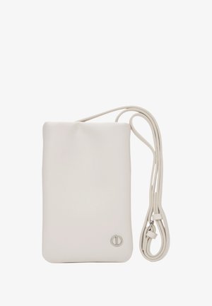 Weiße Leder-Umhängetasche mit glatter Textur, rechteckiger Form, verstellbarem Tragegurt und dezent auf der Vorderseite eingeprägtem Logo.