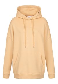 Světlounce žlutá oversized mikina z měkké látky, s přední kapsou, stahováním se stříbrnými konci šňůrek a jemným logem na hrudi.