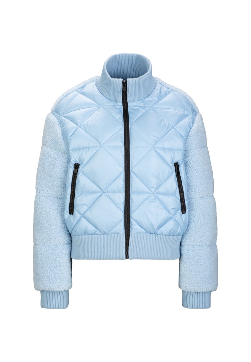 Lichtblauwe cropped jas met een diamanten gestikt patroon, zachte fleece mouwen, geribde manchetten en ritsvo pockets.