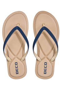 Des tongs bleu et beige avec des brides texturées, une semelle rembourrée et un logo "BECO" sur la semelle intérieure, comportant des détails cousus.