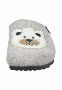 Felt slipper in gray with a bear face design. Features a soft, textured upper and a sturdy black rubber sole.