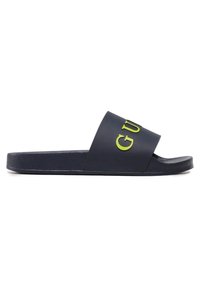 Marine slide-sandaal gemaakt van soepel rubber met een brede band met gedurfde gele branding. Platte zool, open teen ontwerp, minimale hardware.