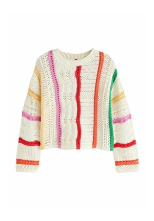 Kreemjas kudum, millel on avatud mustriga ja punase, roosa, oranži, kollase ja rohelise vertikaaltriipudega, ümmarguse kaelusega ja pika varrukaga.