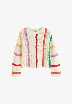 Krem pulover iz pletenine z odprtim vzorcem in navpičnimi črtami v rdeči, roza, oranžni, rumeni in zeleni barvi, z okroglim izrezom in dolgimi rokavi.