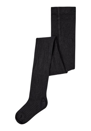 Collants noirs côtelés en matière douce et extensible, avec une texture légèrement scintillante et un design de pointe sans couture.